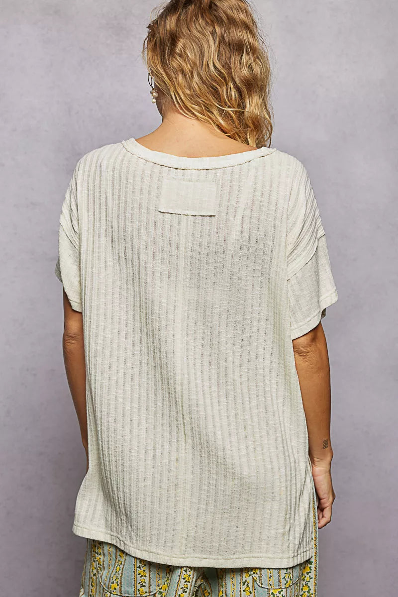 POL Ribbed Knit V-Neck Short Sleeve T-Shirt with Side Slit