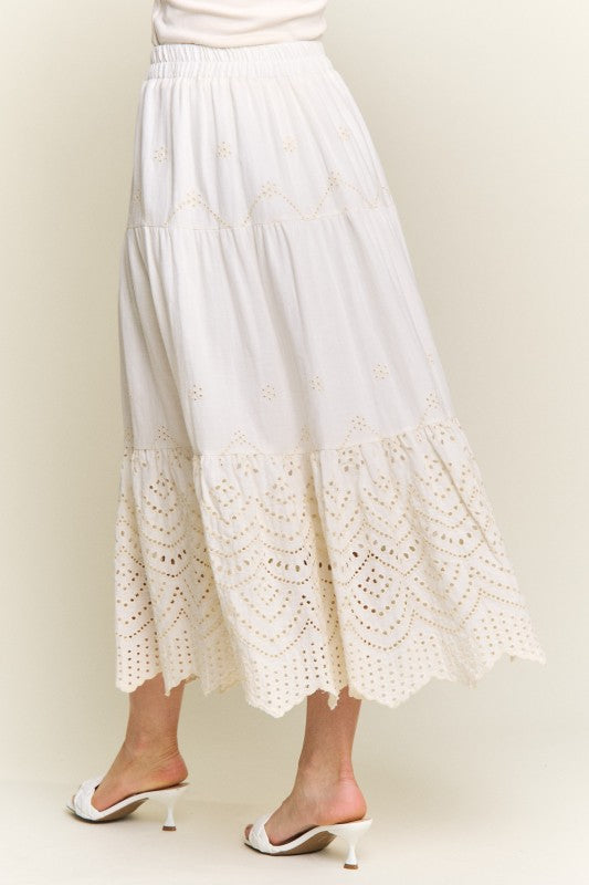 Embroidered Tiered Midi Skirt