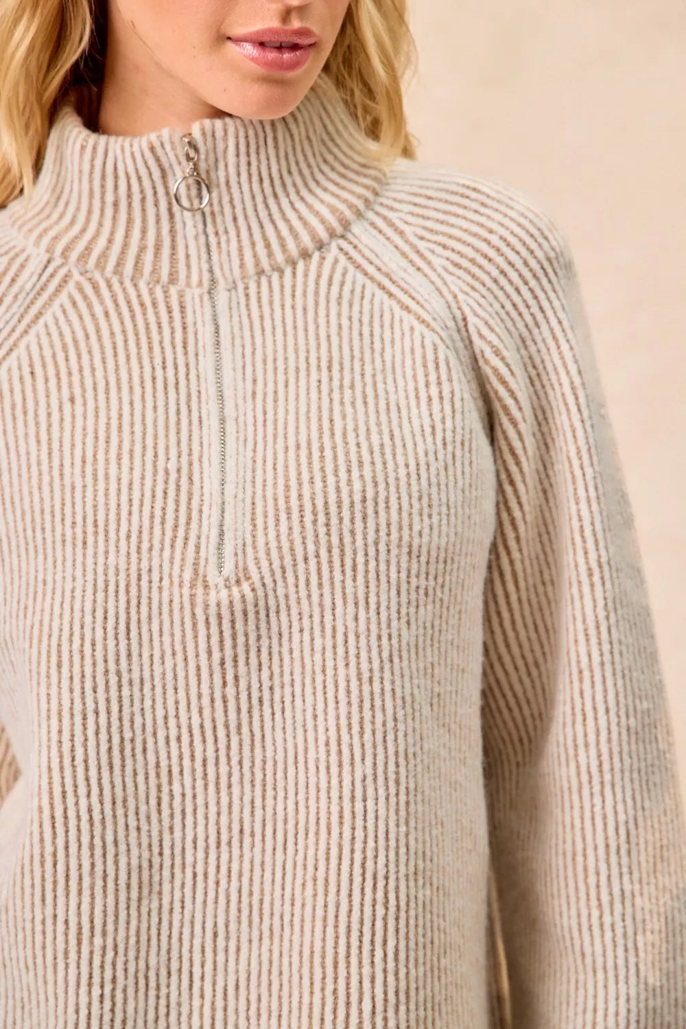 BiBi Two Tone Rib Texured Knit Collared Top with Zip Up