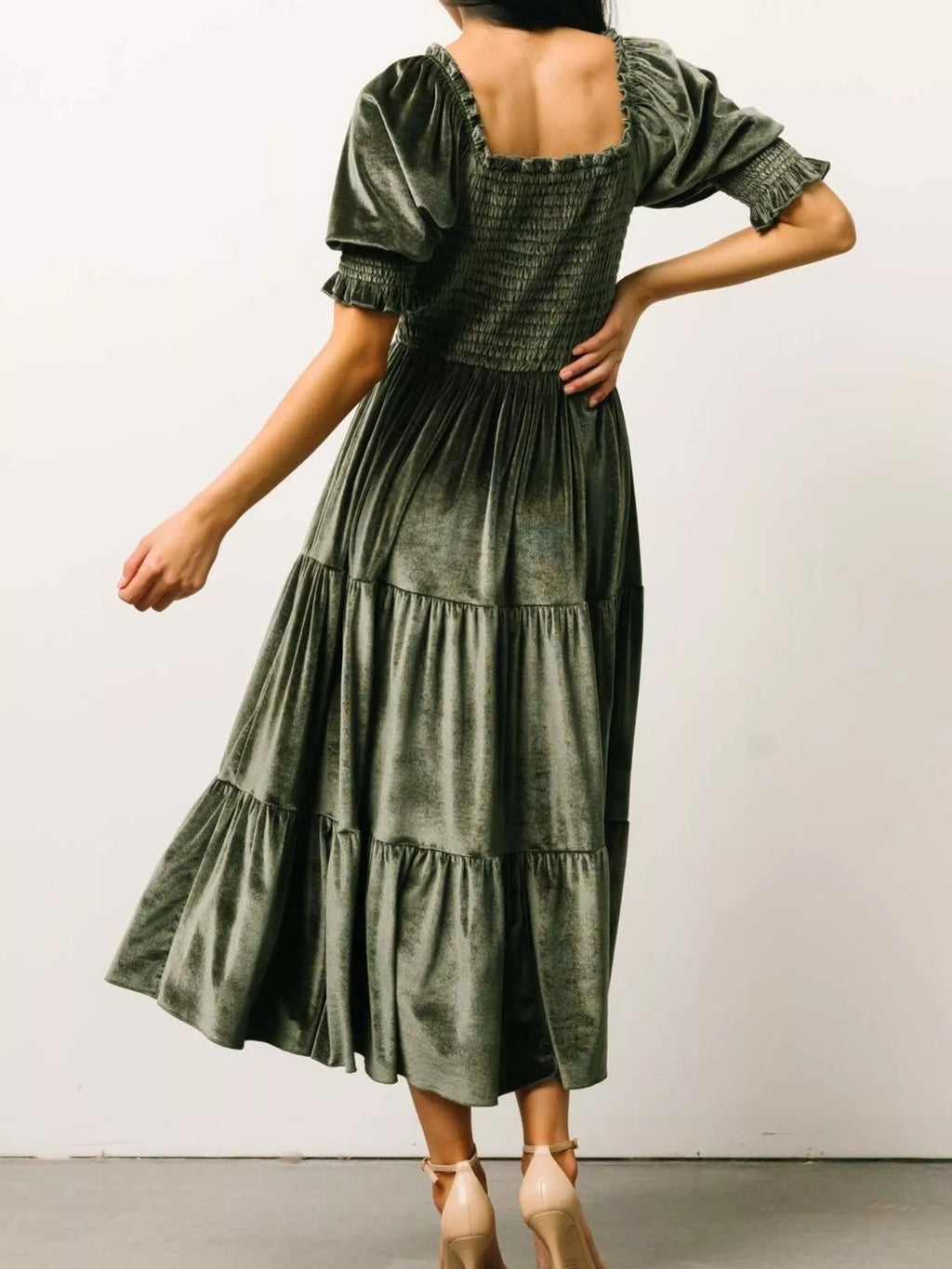 Velvet Smocked Tiered Midi Dress
