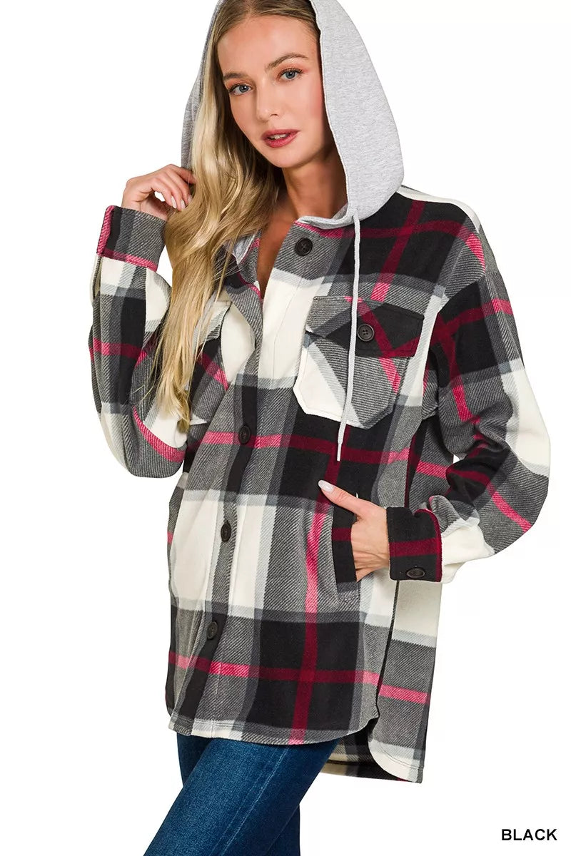 Plaid Drawstring Hooded Fleece Shacket