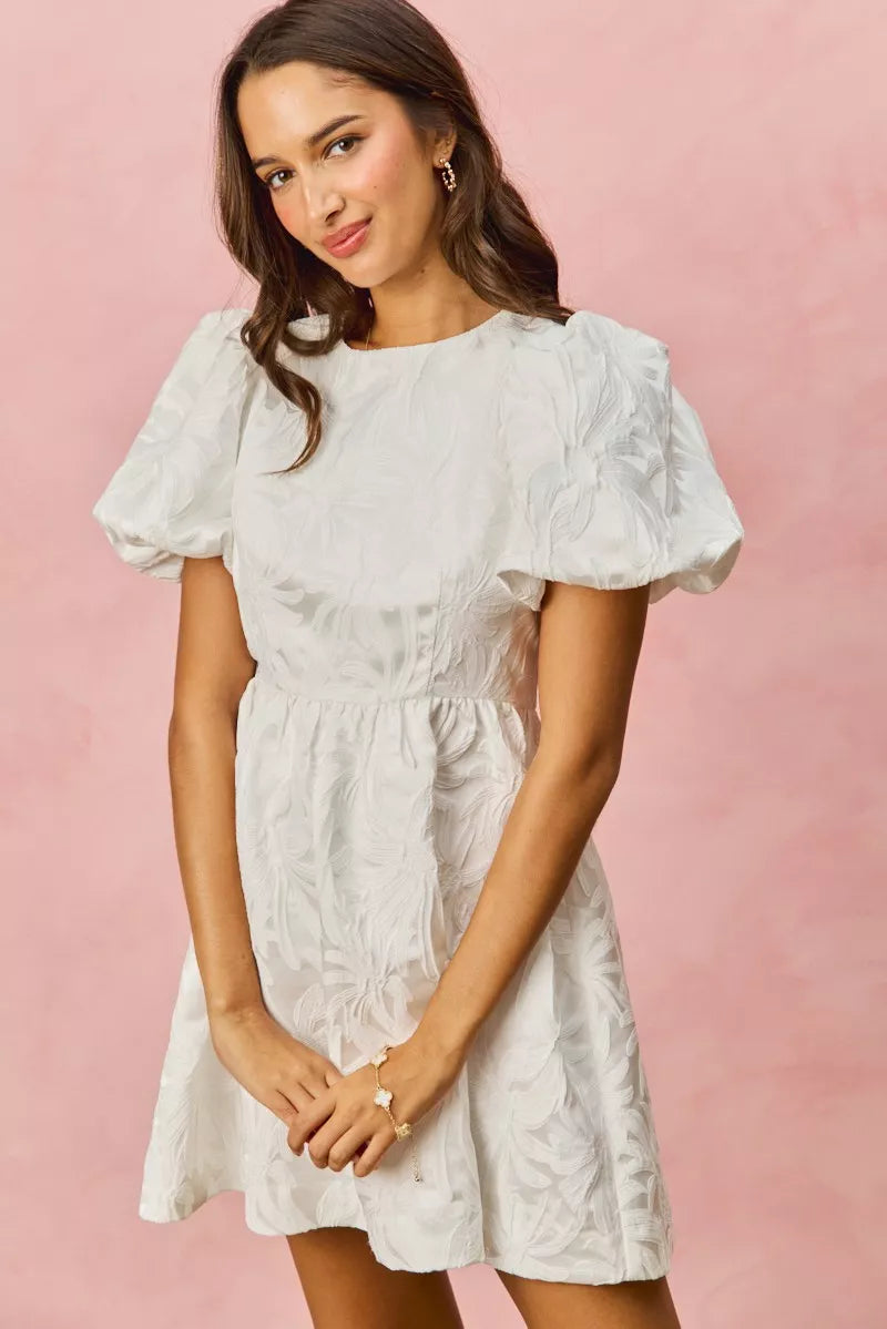 SO ME Floral Jacquard Bubble Shorts Sleeves Mini Dress