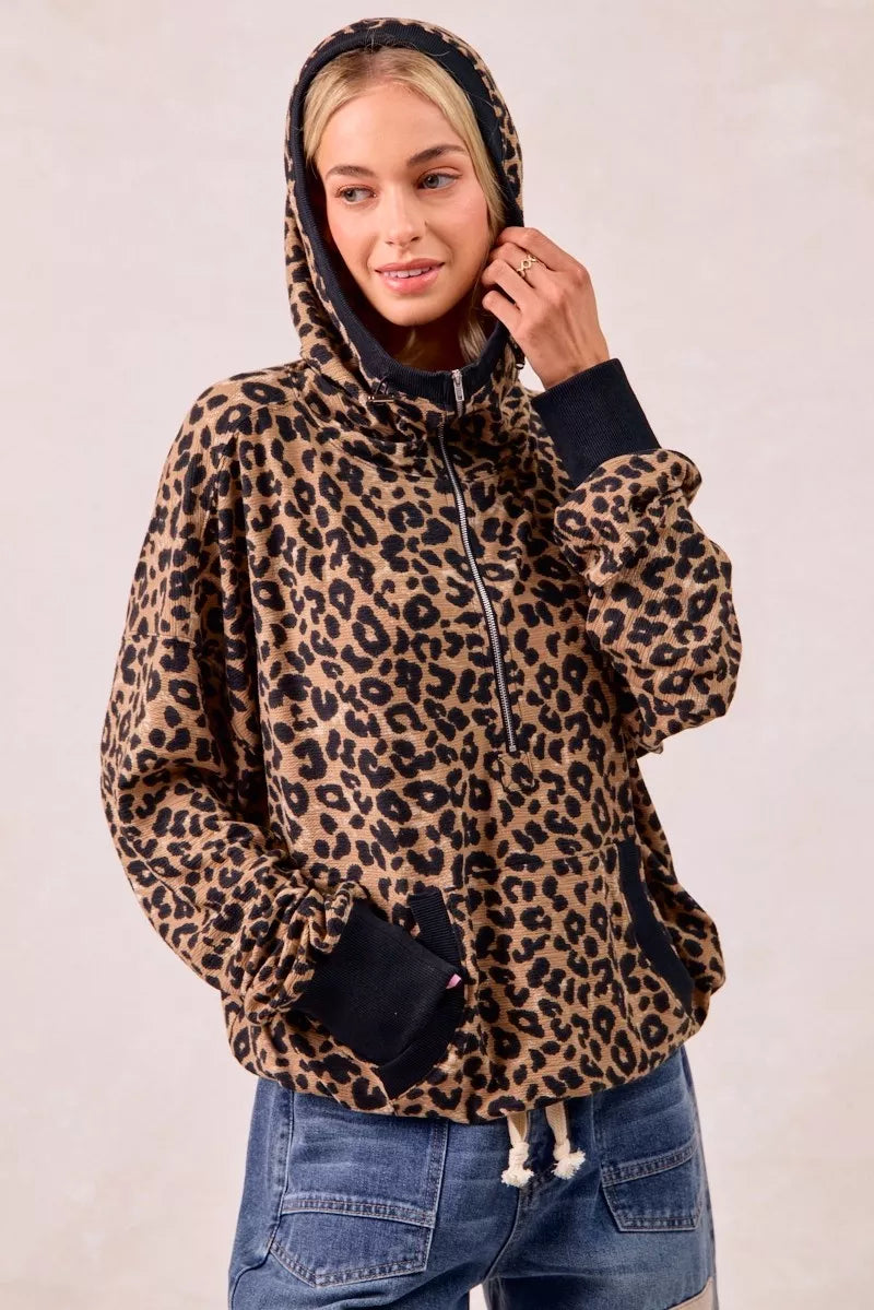Leopard Print Waffle Half Zip Up Hoodie W Pocket