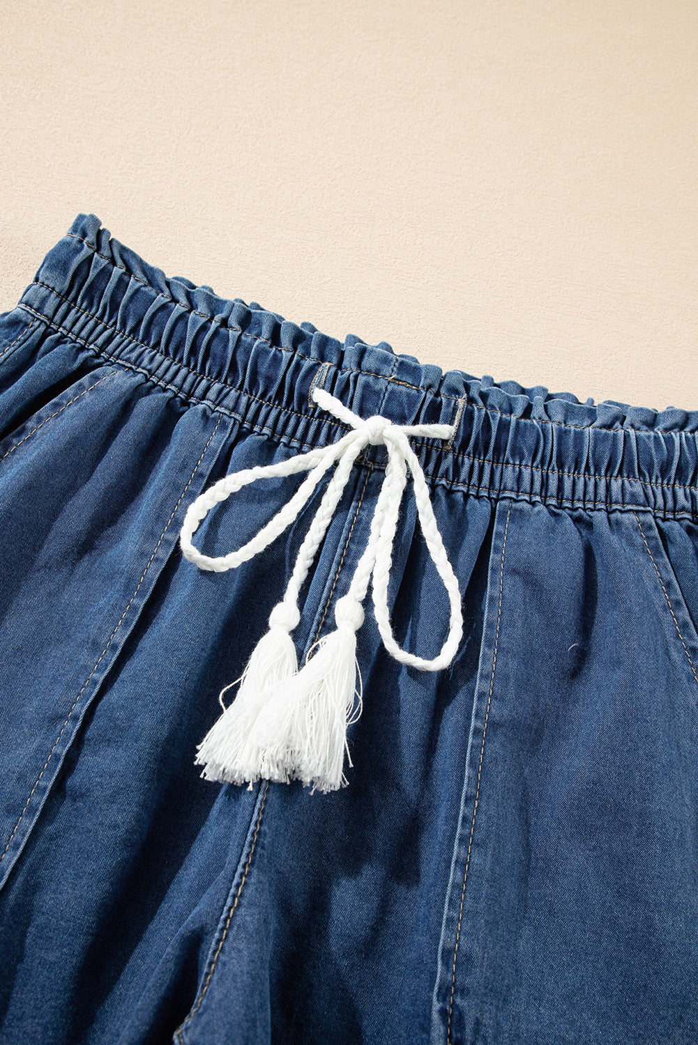 Raw Hem Drawstring High Waist Denim Shorts with Pockets