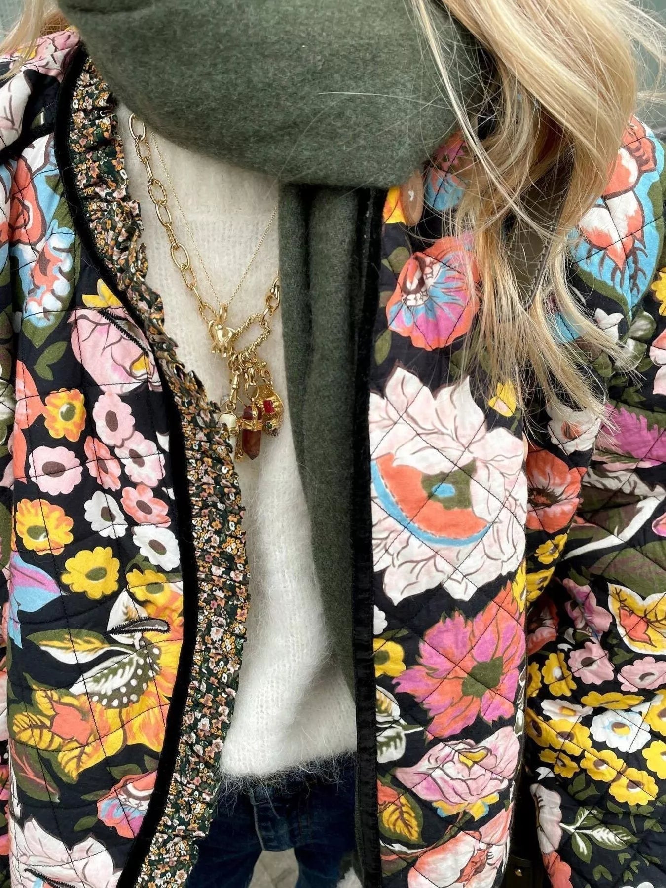 Full Size Floral Print Quilted Sherpa-Lined Jacket Plus Size