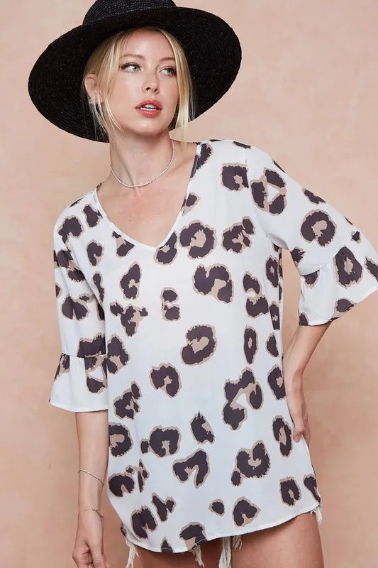 Leopard Printed V Neck Woven Top with Ruffled