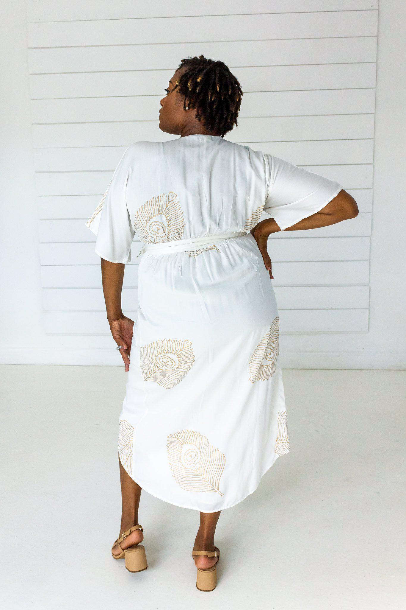 Peacock Maxi Wrap Dress in White + Gold