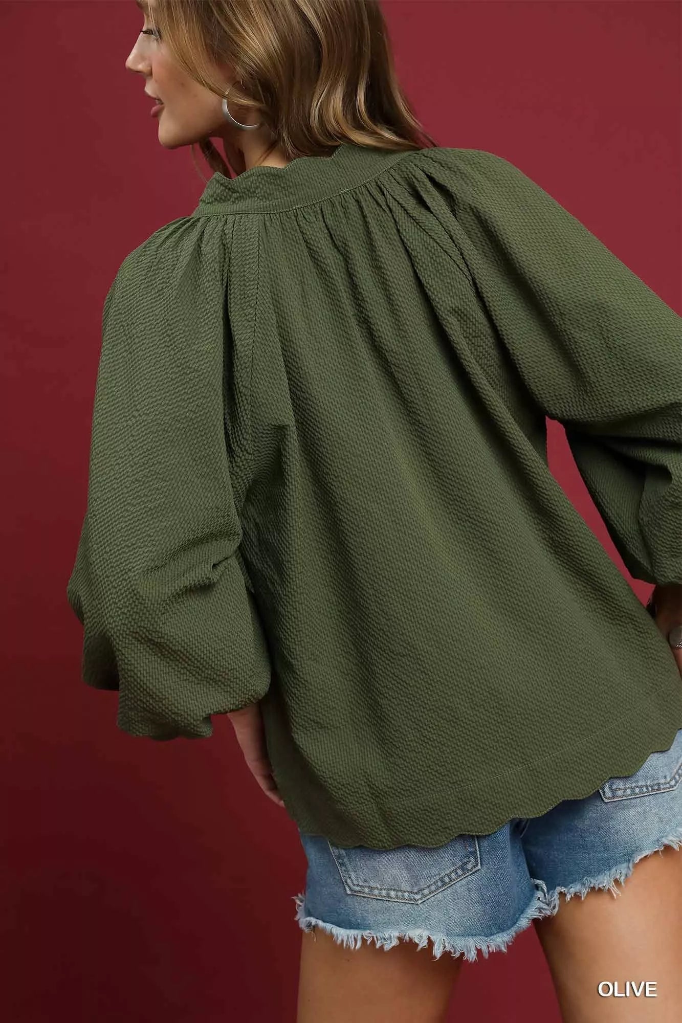 Umgee Full Size Textured Notched Balloon Sleeve Blouse Plus Size