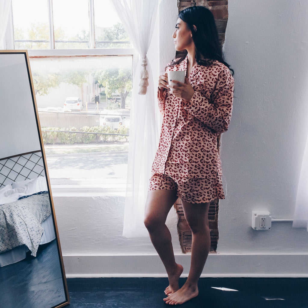 Organic Cotton Leopard Pajama Set in Blush + Berry