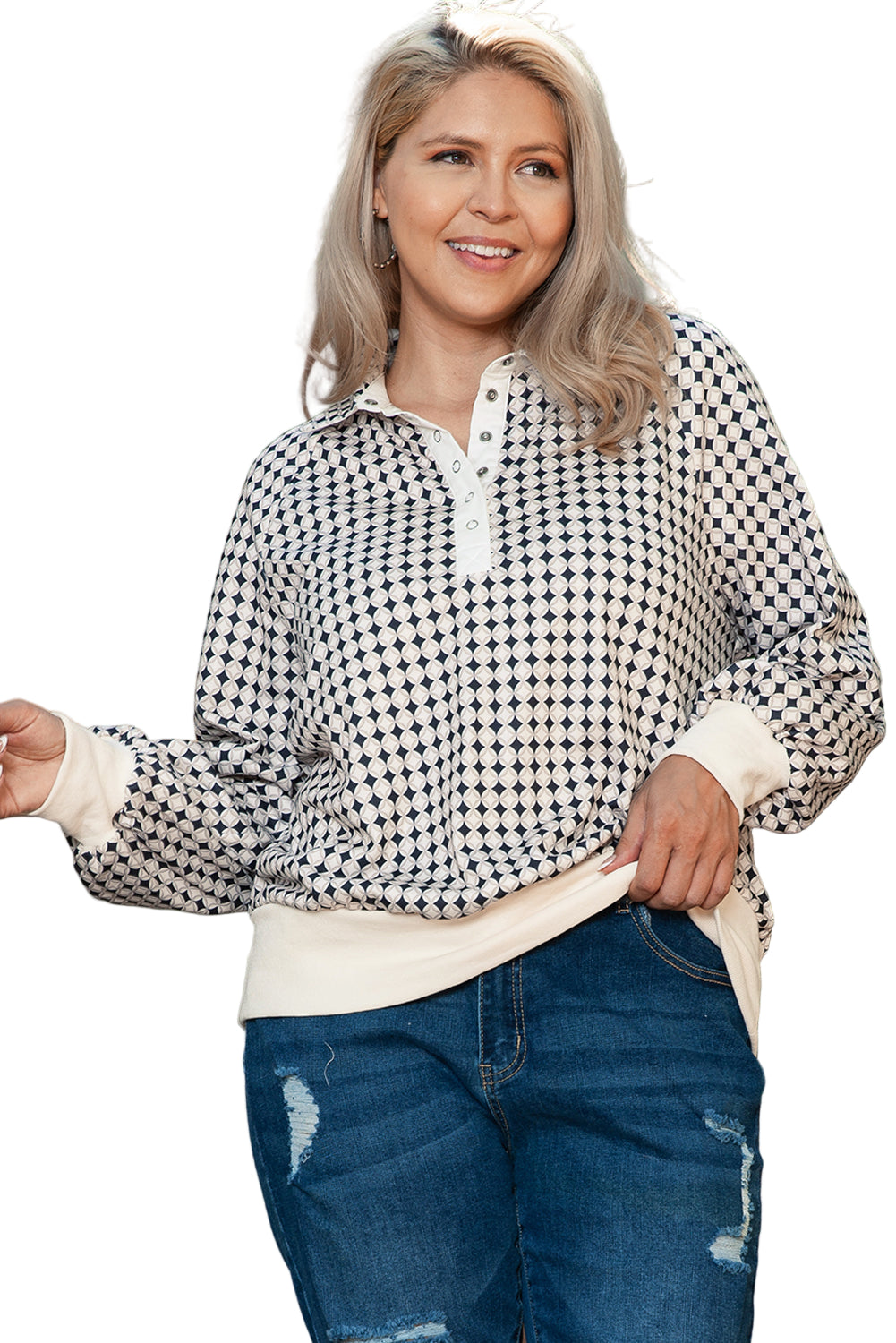 Black Plus Size Two Tone Contrast Collared Pullover Sweatshirt