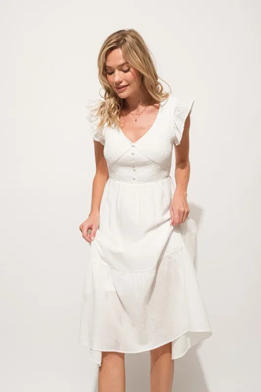 And The Why Ruffle Sleeve Front Smocked Tiered Midi Dress