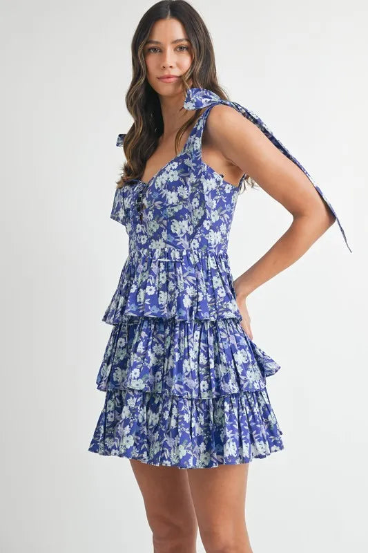 MABLE Floral Print Shoulder Tie Layered Mini Dress