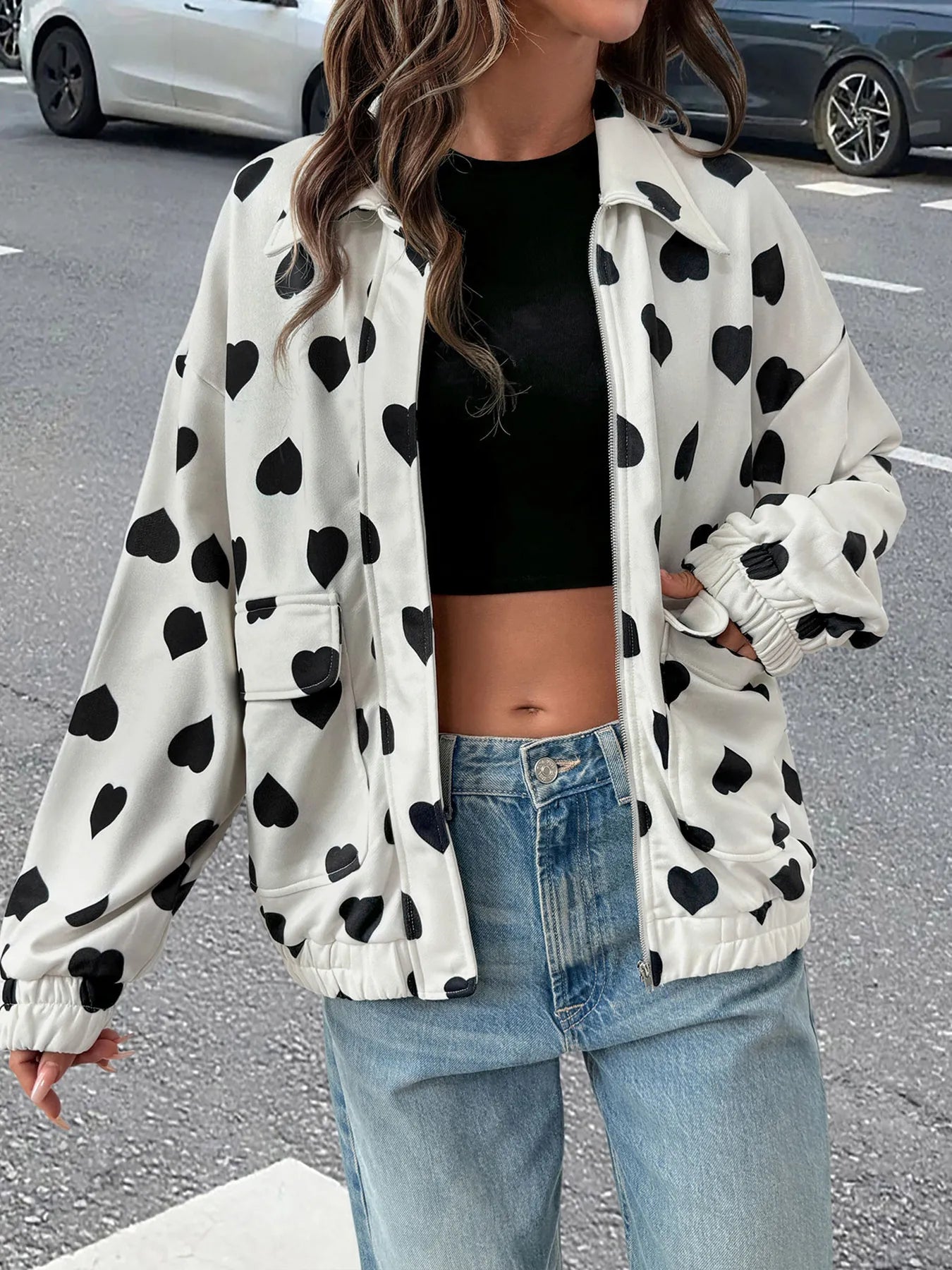 Heart Print Zip Up Jacket