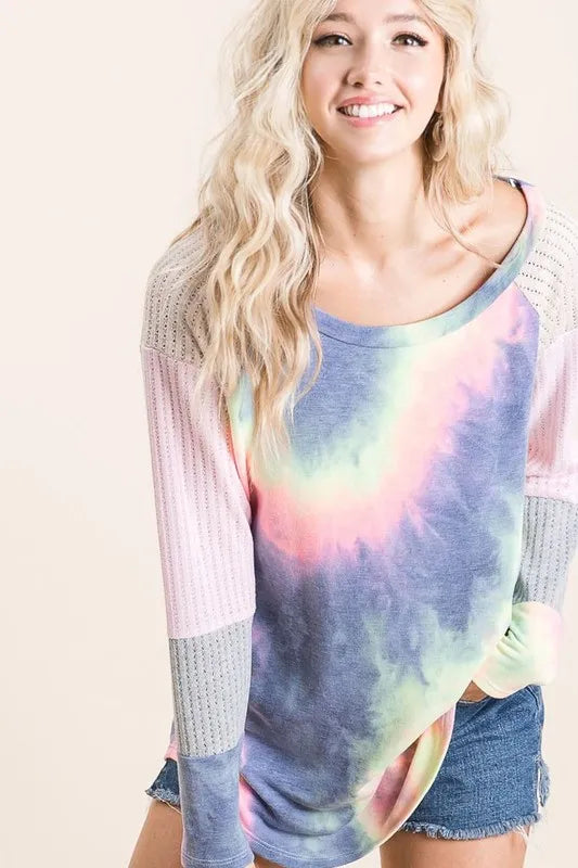 Tie Dye Terry Top With Color Block Pointelle Knit
