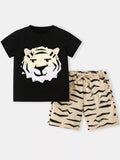 Children's Tiger Print Round Neck Top and Shorts Casual Set