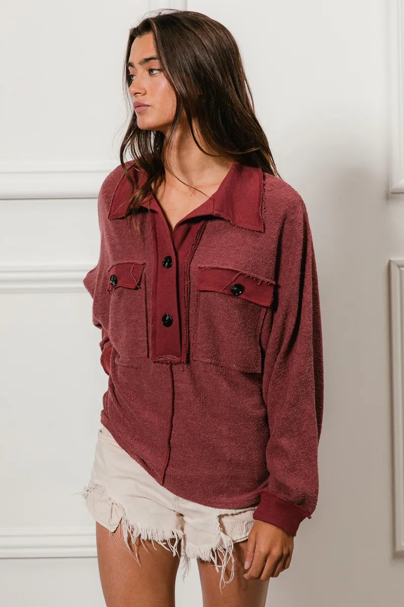Cp French Terry Cut Edge Detail Collared Top
