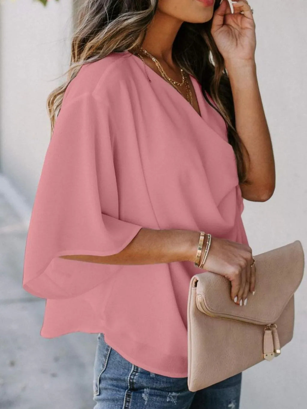 Full Size Ruched Three-Quarter Sleeve Blouse Plus Size