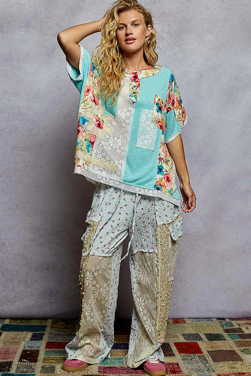 POL Lace Round Neck Short Sleeve Floral Pattern Top with Patch Detail