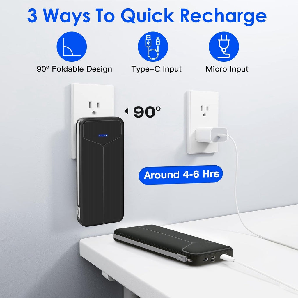 10000mAh Power Bank Portable Charger | Built-In Cables, US Plug, 4 Outputs & 3 Inputs