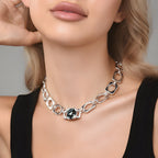 Thick Irregular Square Link Choker Necklace For Women, Smoky Grey Cubic Zirconia Chunky Silver Collarbone Chain, Cool European Spanish Fashion Jewelry