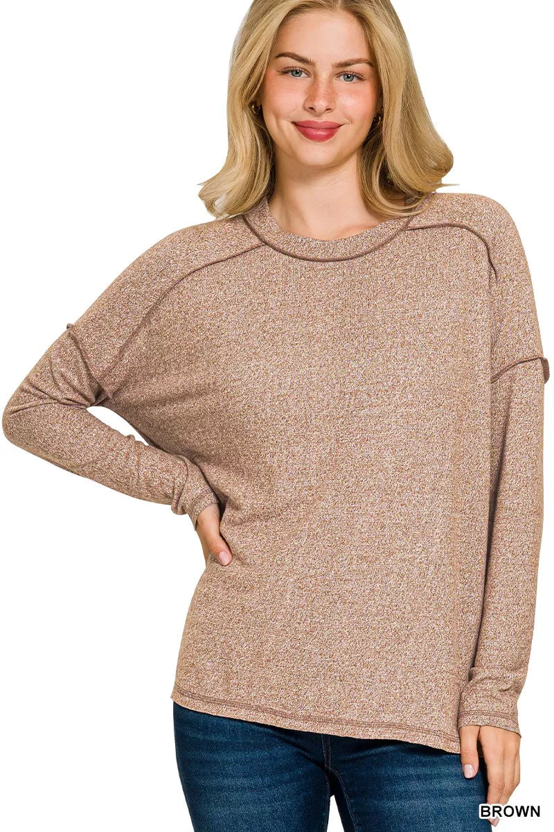 Full Size Melange Hacci Exposed Seam Hi-low Tee Plus Size
