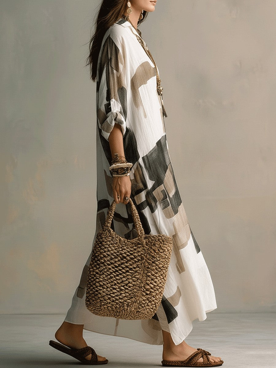 New Arrival Casual & American Vacation Style Printed Lapel Long Sleeve Maxi Dress