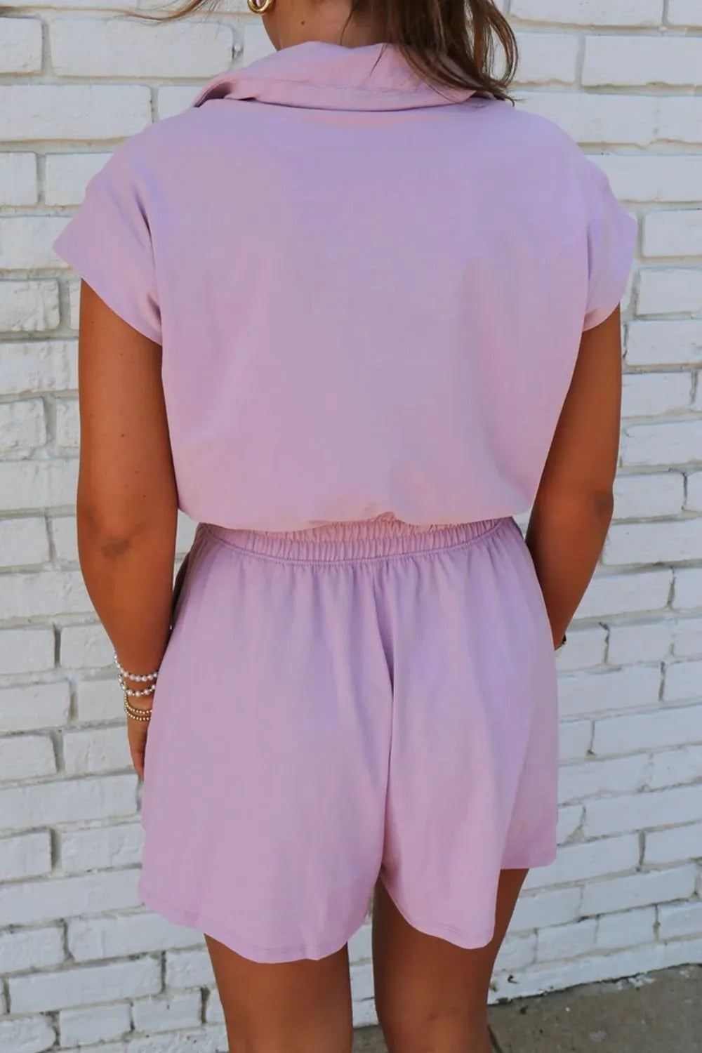 Short Sleeve Zipper Collared Elastic High Waist Romper