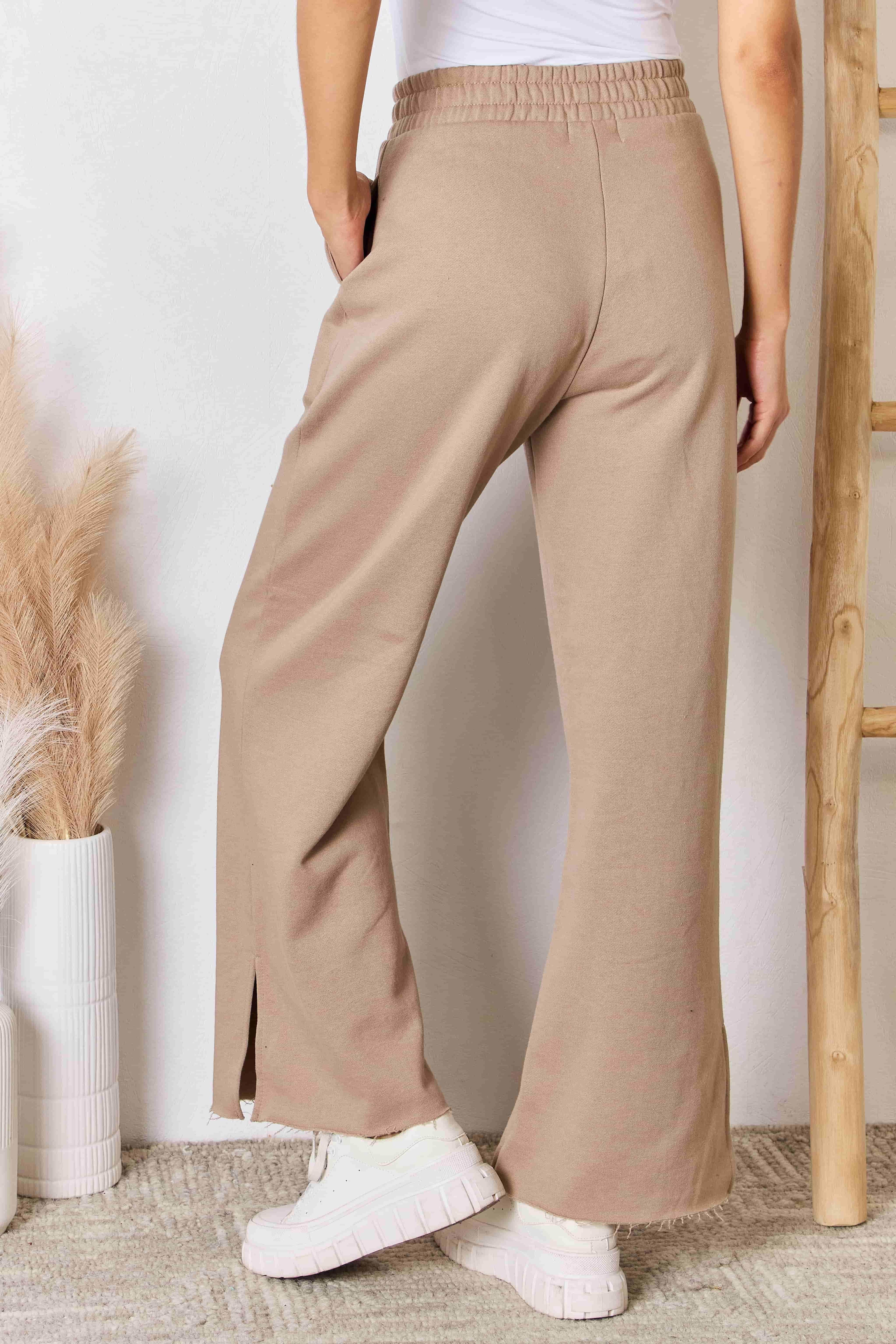 RISEN Wide Waistband Slit Wide Leg Pants for Women