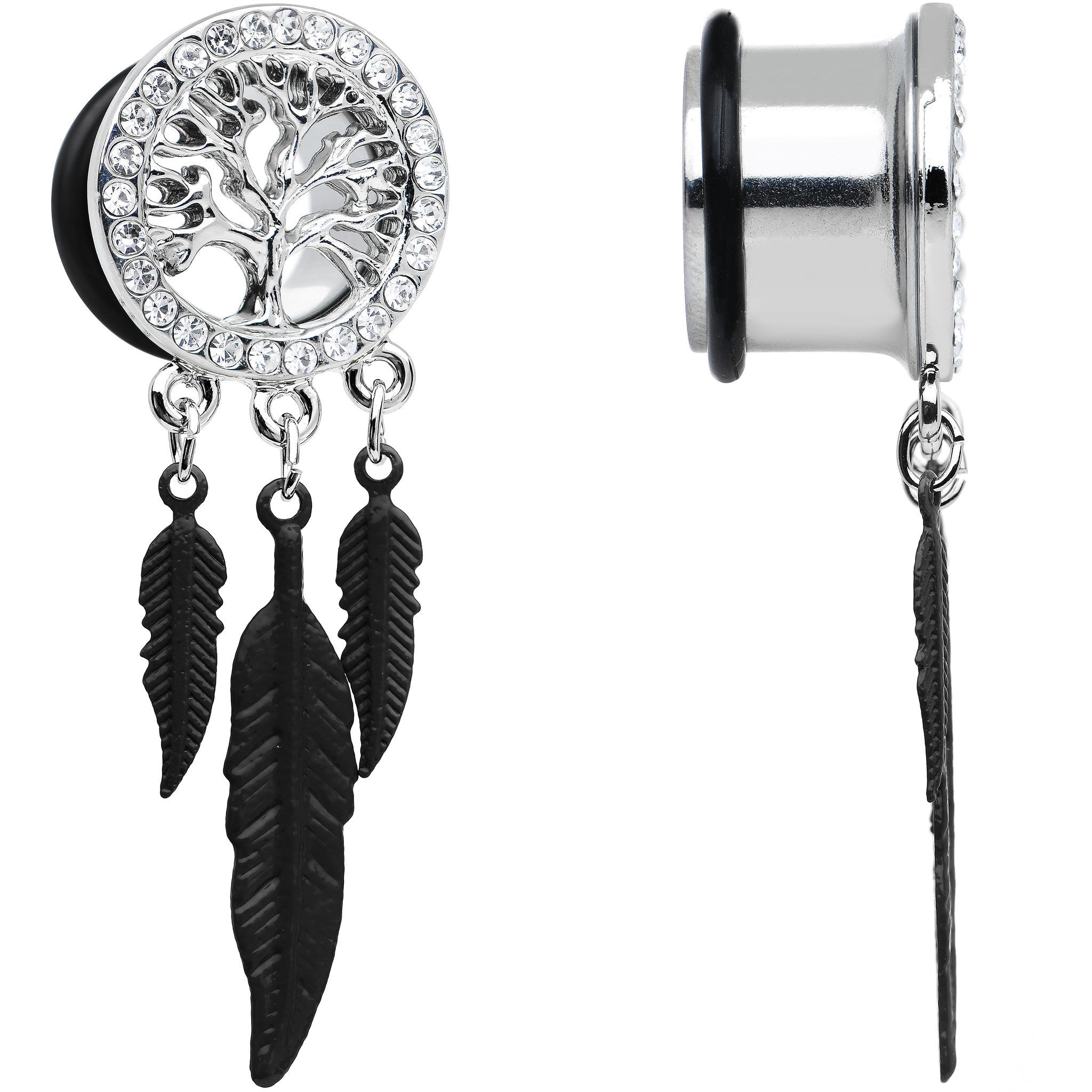 9/16 Clear Gem Steel Single Flare Tree of Life Dangle Plug Set