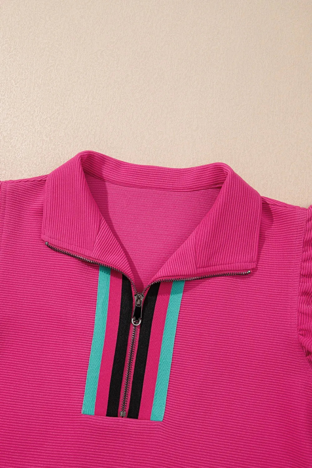 Striped Detail Flutter Sleeve Zipped Collar Top and Short Set