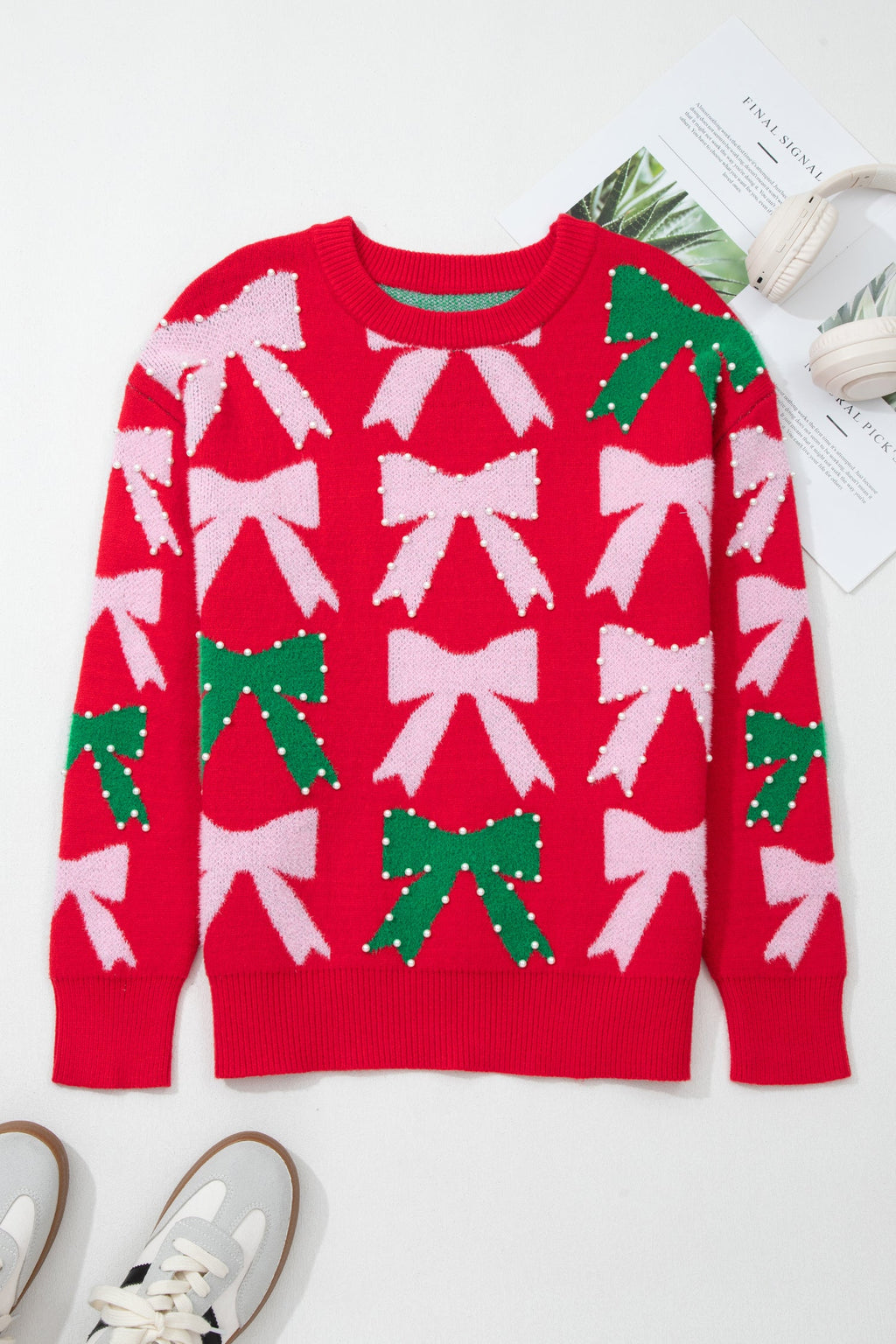 Fiery Red Bow Pearl Embellished Christmas Holiday Sweater