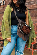 Spinach Green Oversize Crochet Knit Open Cardigan