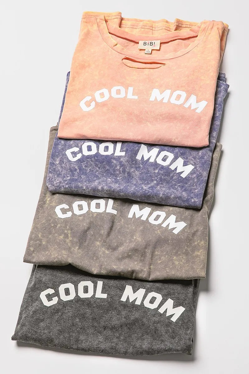 Washed Laser Cut Detail Cool Mom Print Top