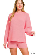 Zenana Round Neck Knit Top and Shorts Sweater Set