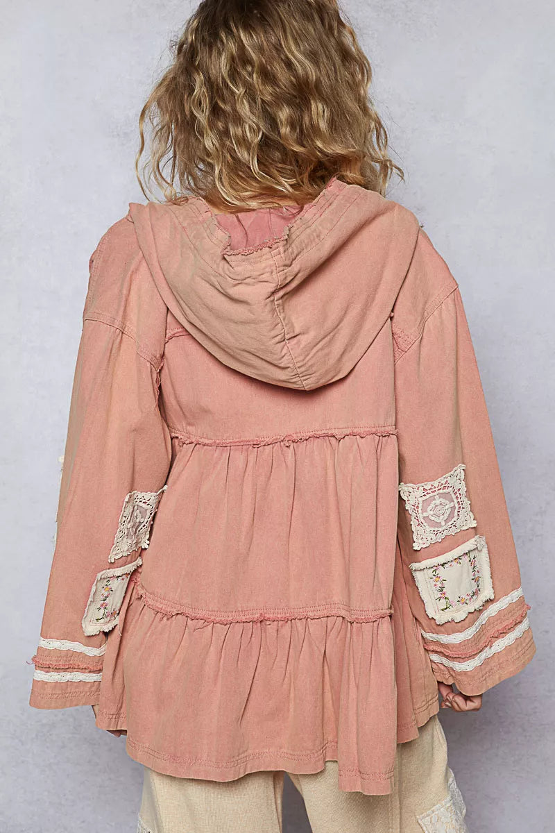 POL Embroidered Patch Hooded Jacket with Lace Detail
