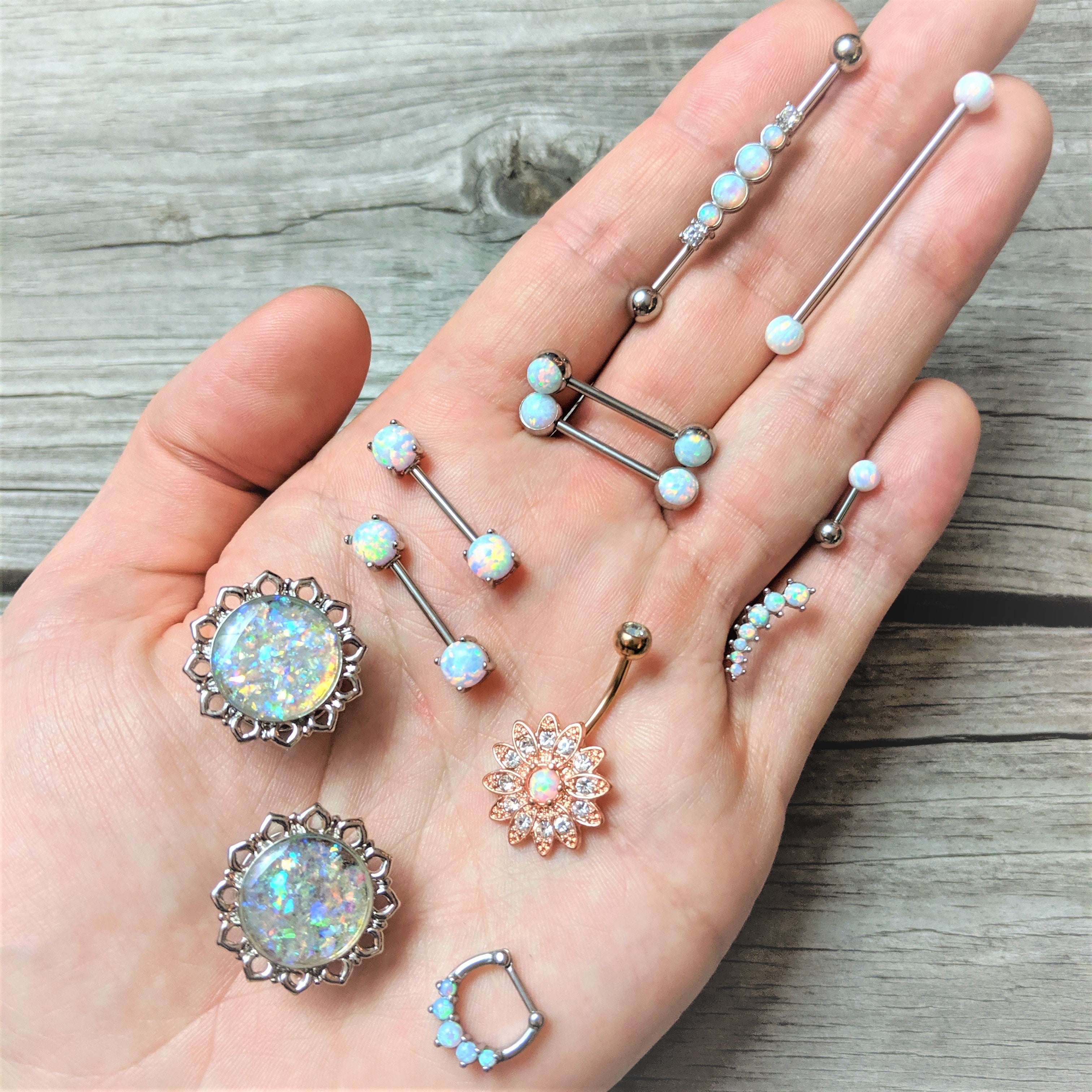 White Synthetic Opal Clear Gem Steel Industrial Barbell 36mm