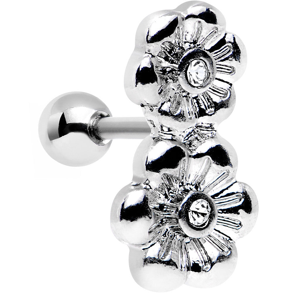 16G 1/4 Clear Gem Steel Double Flower Tragus Cartilage Earring