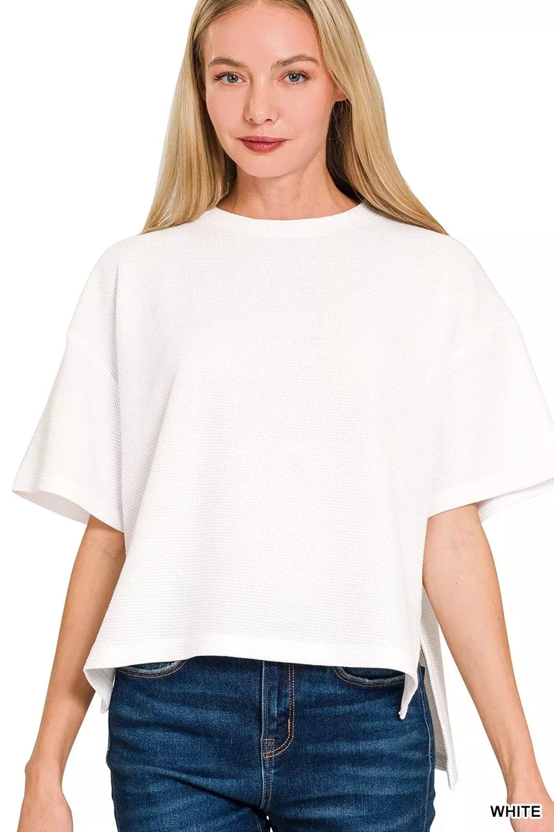 Full Size Double Knit Side Slits Hi Low Short Sleeve Top Plus Size