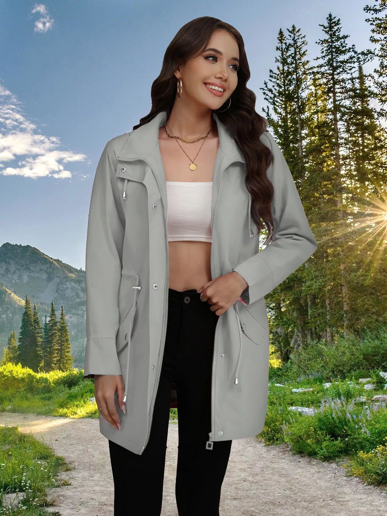 Drawstring Snap-Down Trench Coat