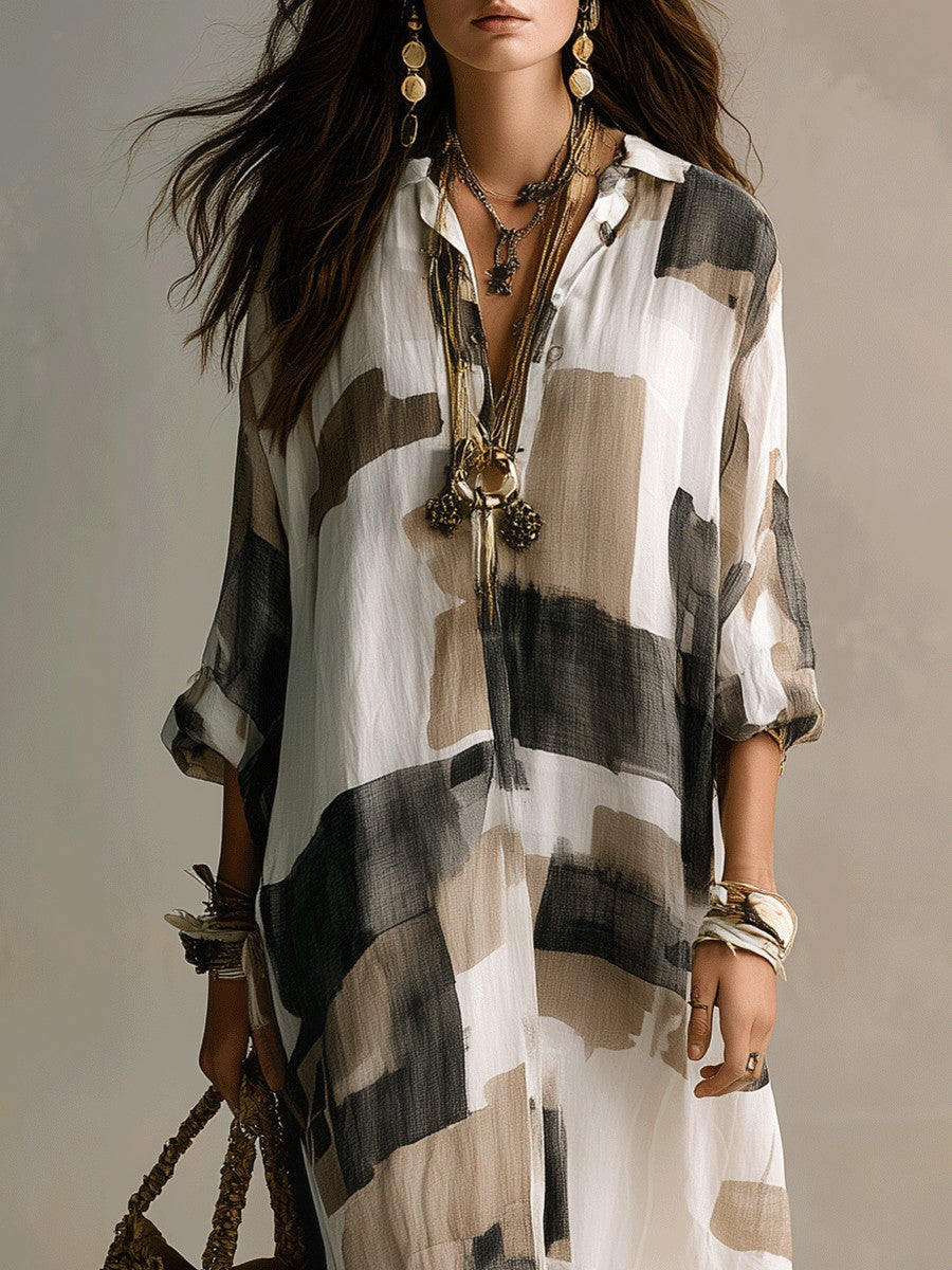 New Arrival Casual & American Vacation Style Printed Lapel Long Sleeve Maxi Dress