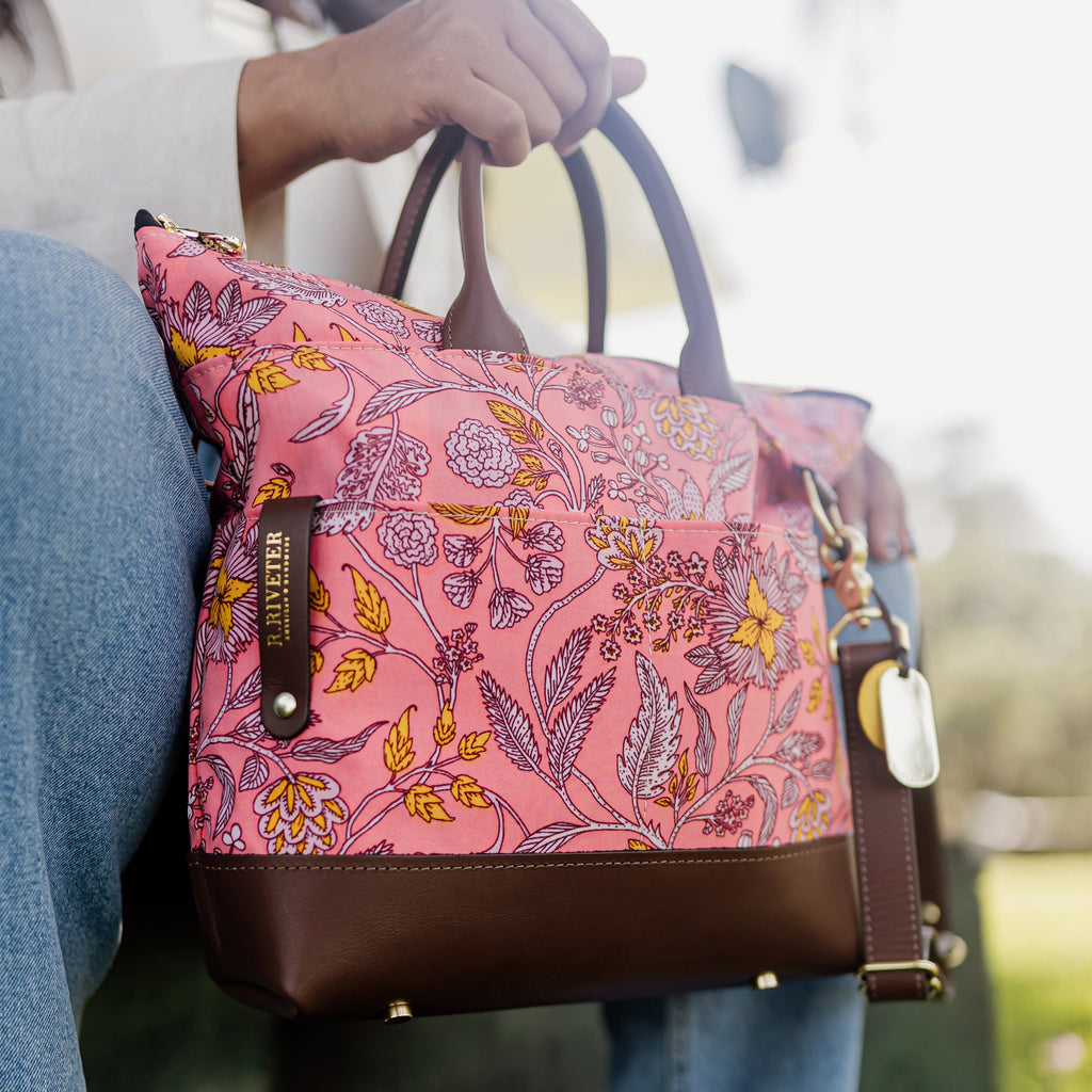 Otto | Rose Bandana Printed Nylon + Brown Leather Satchel