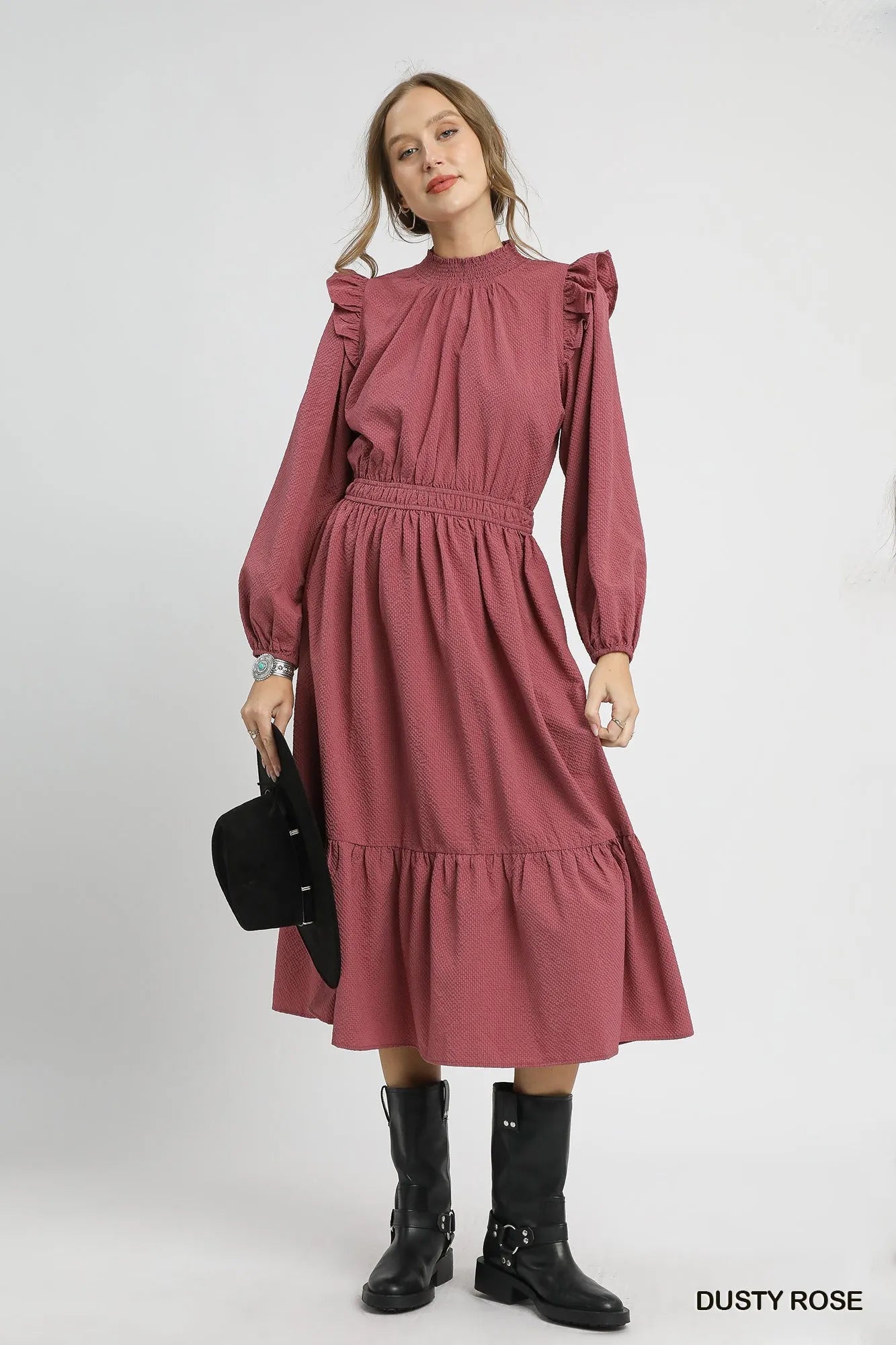 Textured Midi Dress with Ruffle Shoulder Detail