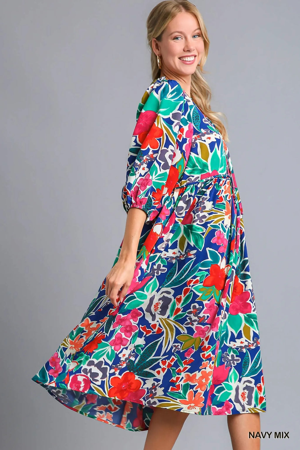 Umgee Floral Print Tie Neck Midi Dress with Pockets