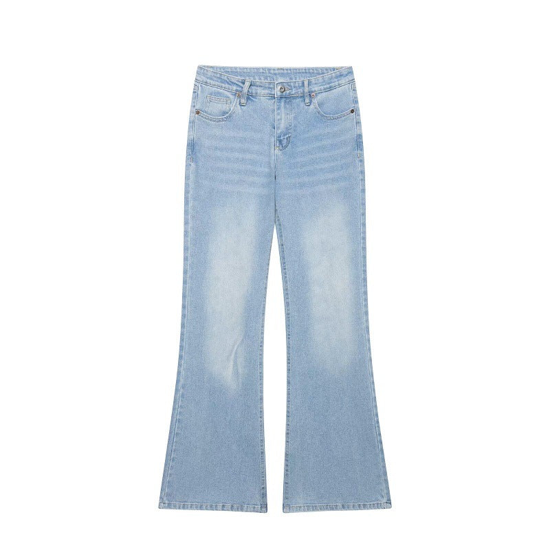 Womens Retro Loose-fit Mid-rise Turn-up-waist Denim Pants