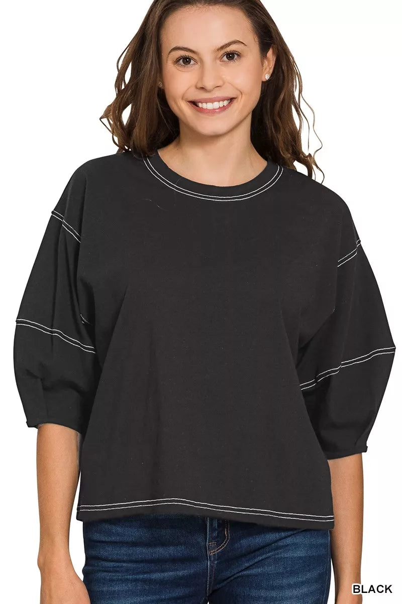 Balloon Sleeve Top with Contrast Stitching