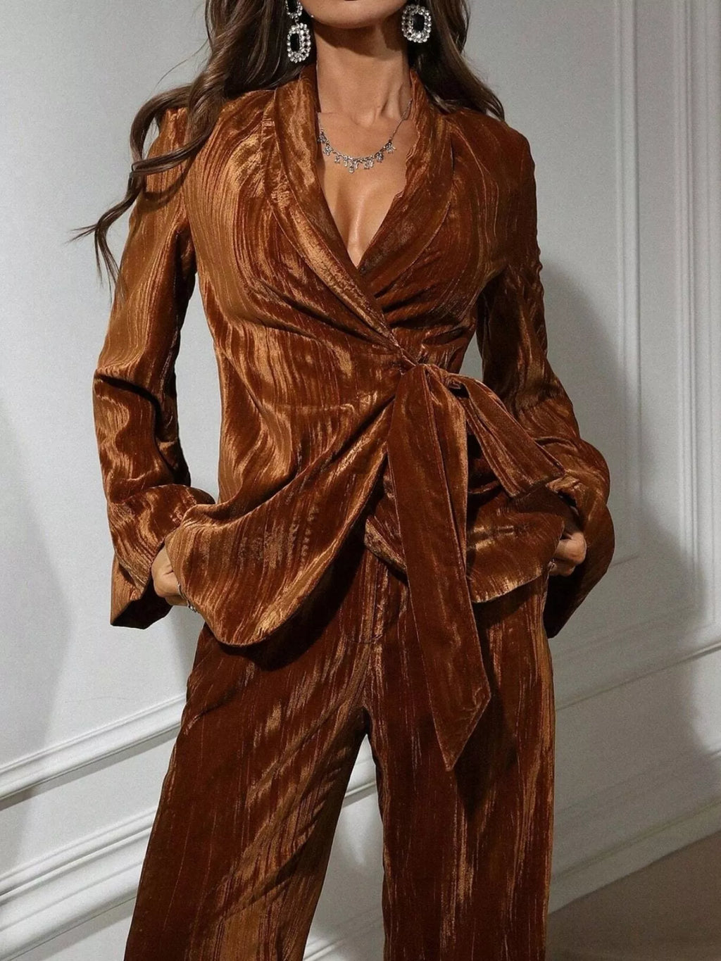 Velvet Tie Waist Blazer and Pants Set