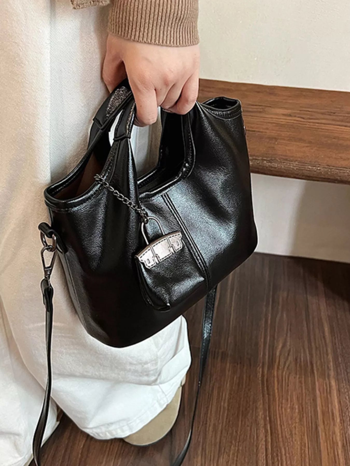 Leather Crossbody Bag with Charm