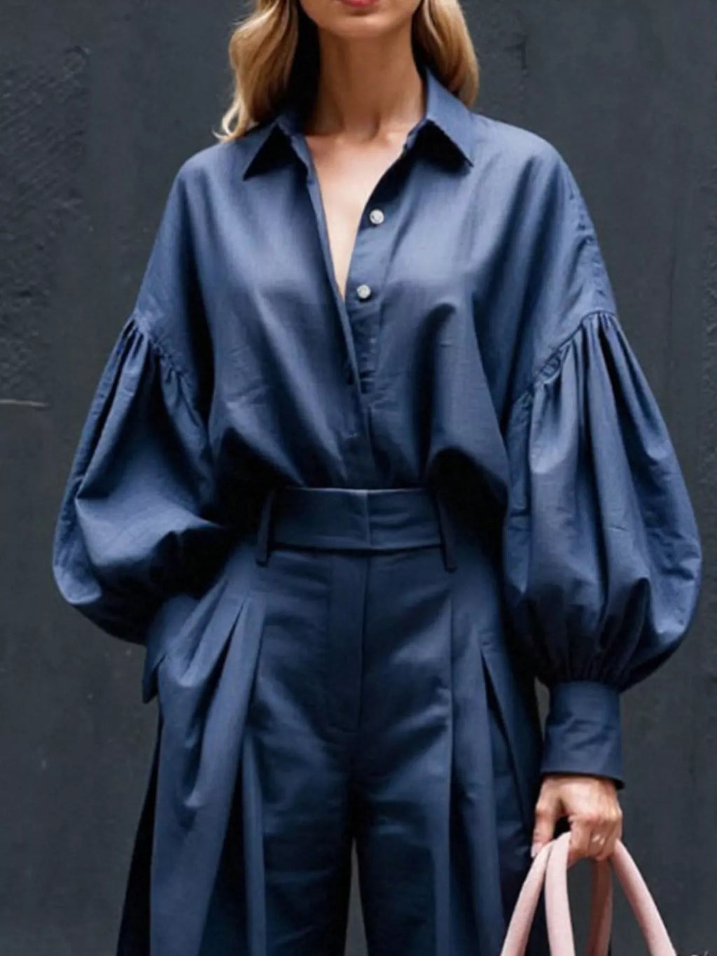 Lantern Sleeve Shirt and Wide Leg Pants Set