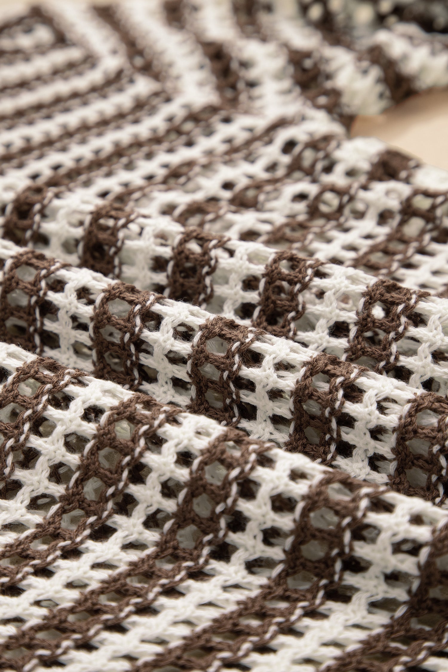 Brown Stripe Eyelet Hollow-out Contrast Collared Pullover Chic Sweater