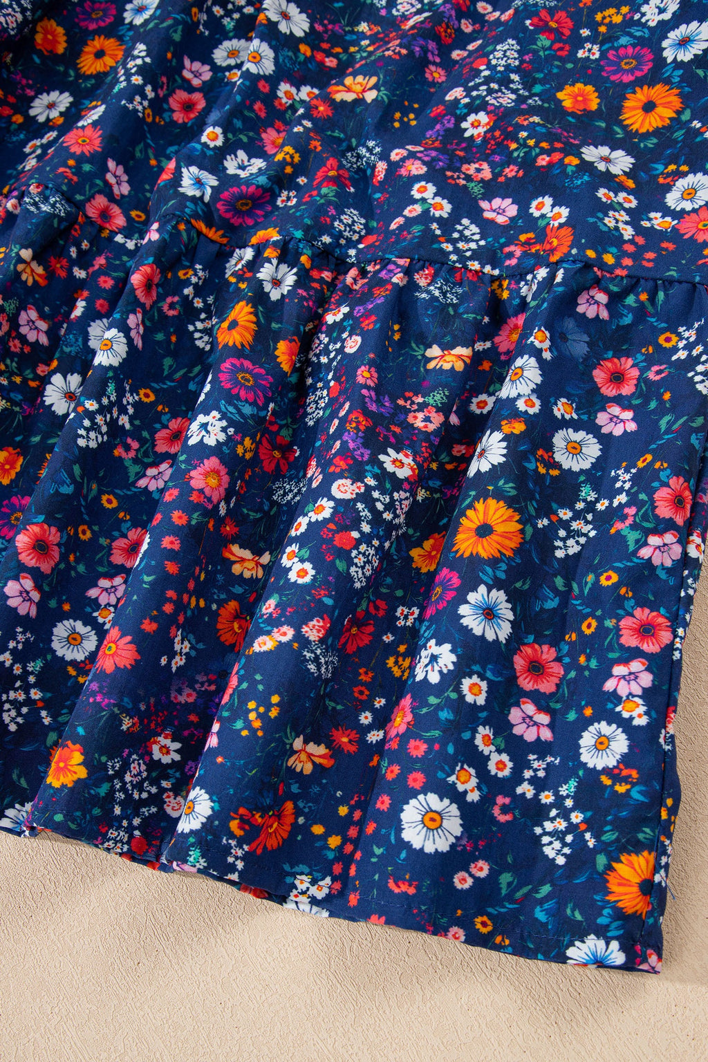 Blue Wild Daisy Floral Split Neck Short Puff Sleeve Mini Dress